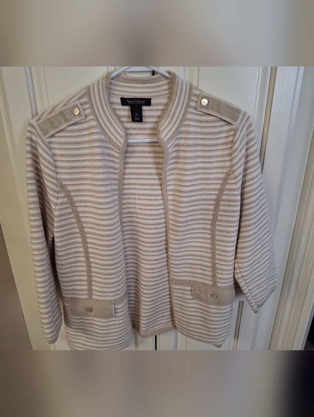 White House Black Market Cream and Beige Striped Knit Blazer